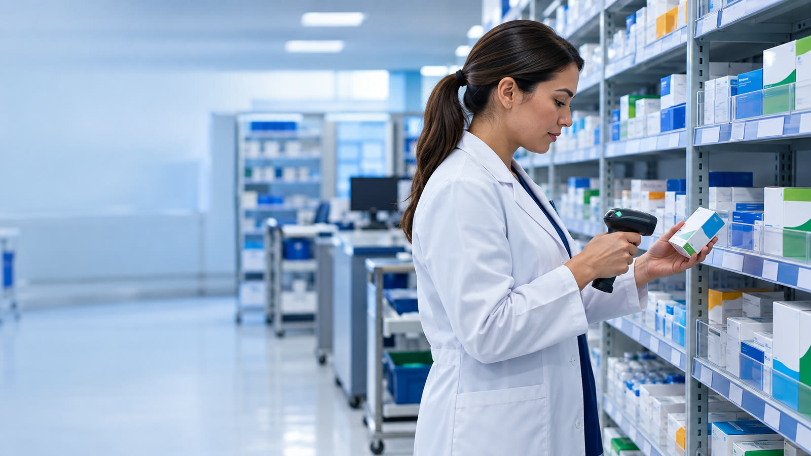 Farmacêutica conferindo a validade de uma caixa de medicamento na farmácia hospitalar